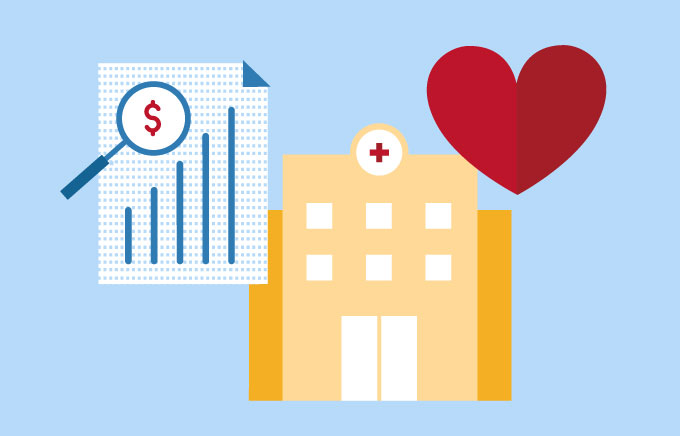 Illustration of hospital with hearts and charts.