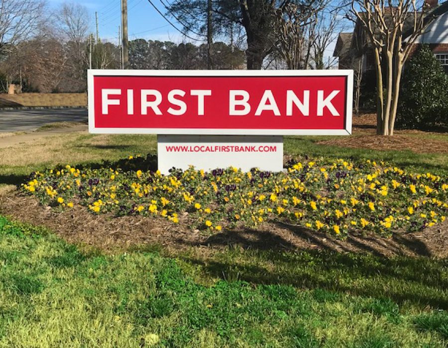 First Bank branch sign.