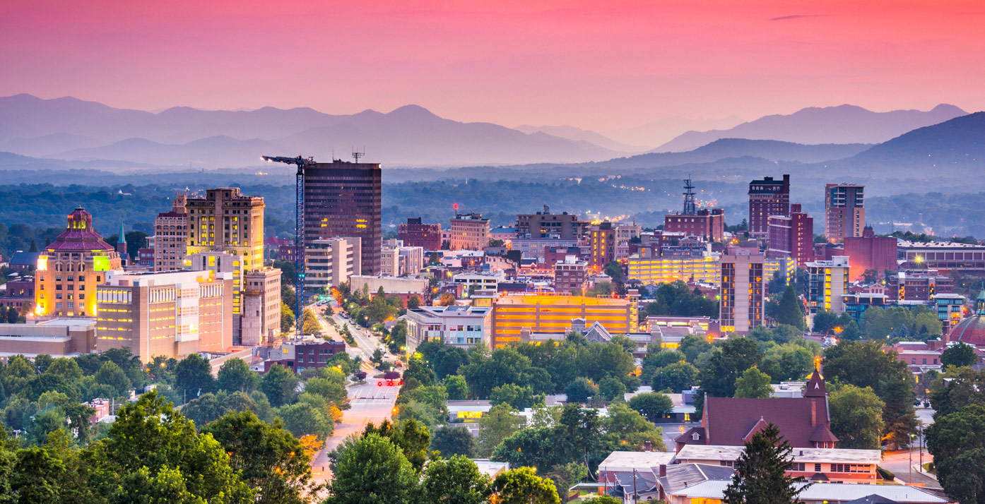 Skyline of downtown Asheville, NC at sunset