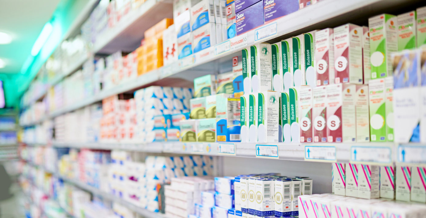 Shelves of medications in pharmacy