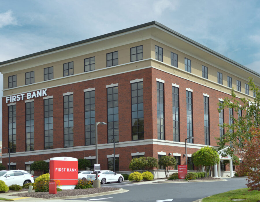First Bank Greensboro branch exterior with sign.