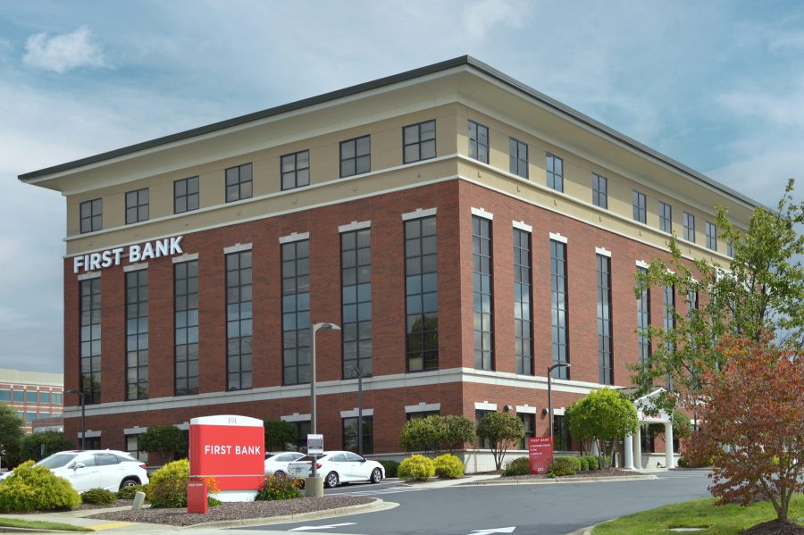First Bank Greensboro branch exterior with sign.
