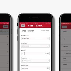 three iphones with firstbank on the screen