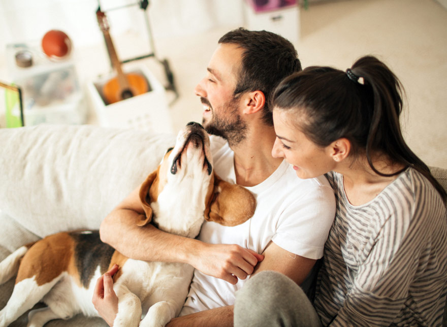 a young couple and their dog on the couch.