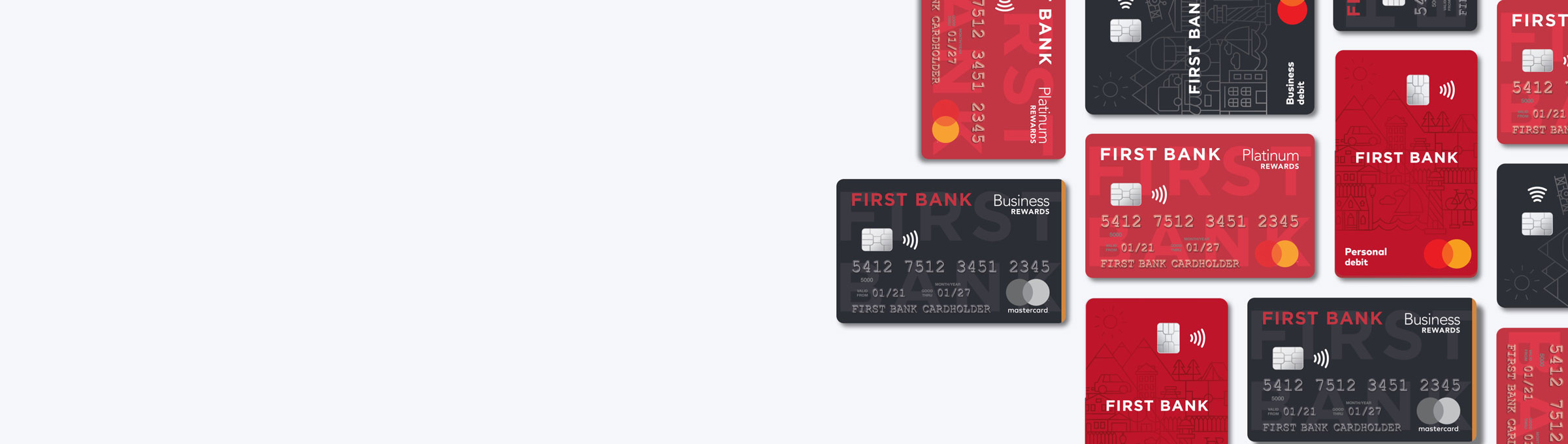 A display of different types of First Bank Credit Cards