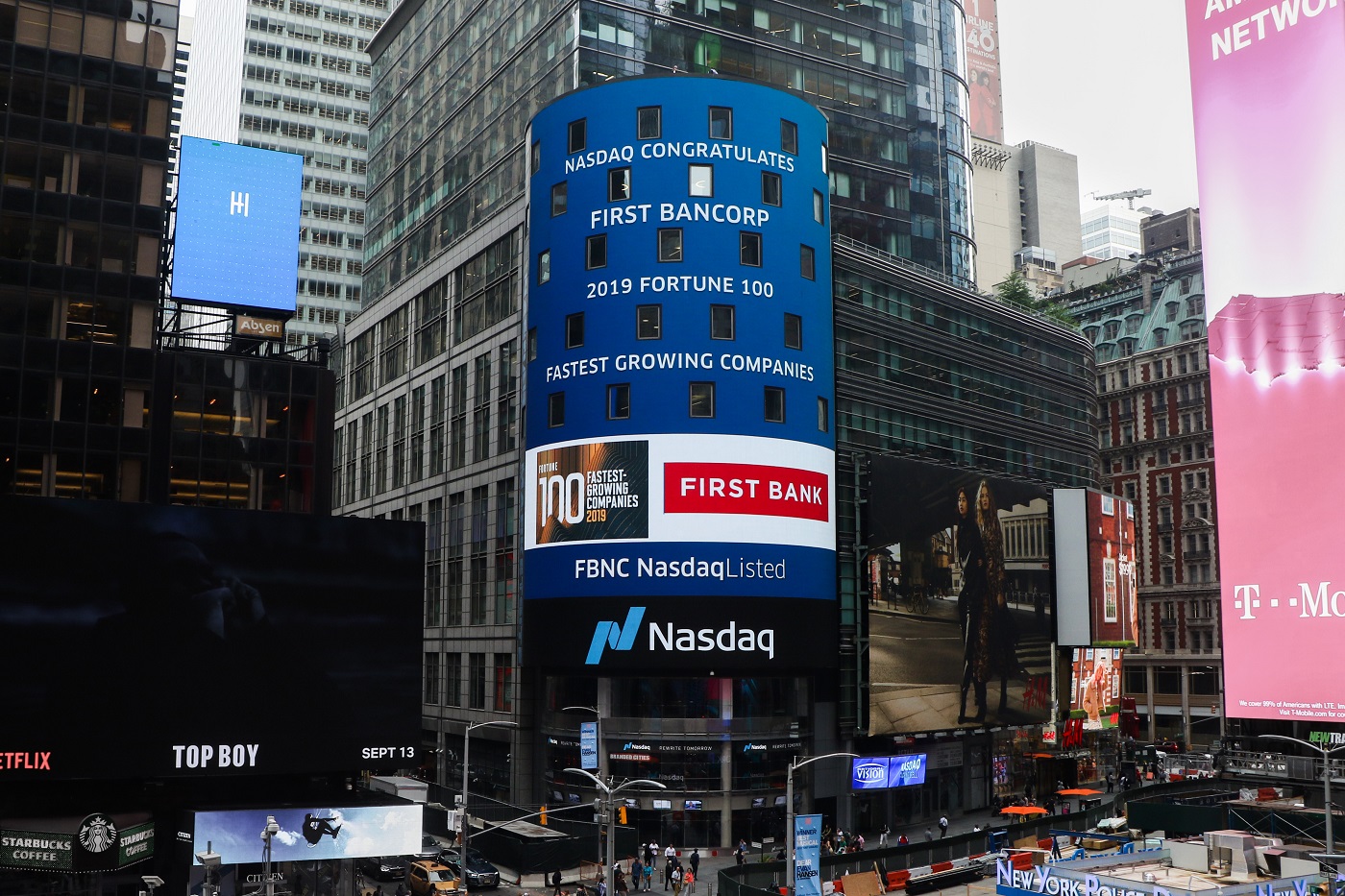 First Bank is one of Fortune’s Top 100 Fastest-Growing Companies for 2019. Shot of Times Square billboard.