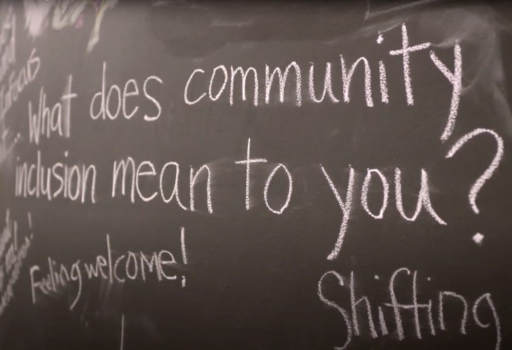 Chalkboard with community questions written on it.