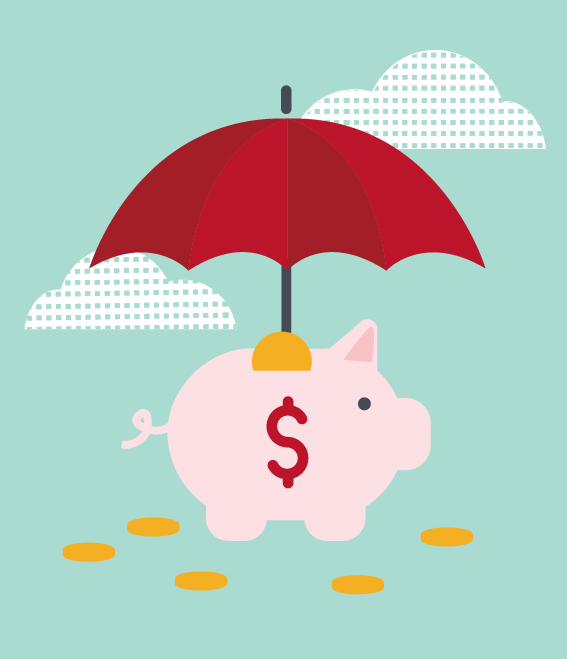 Illustration of piggy-bank with umbrella.