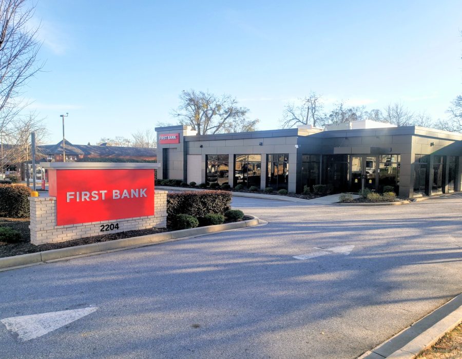 an exterior shot of First Bank's Augusta Street branch location in Greenville, SC.