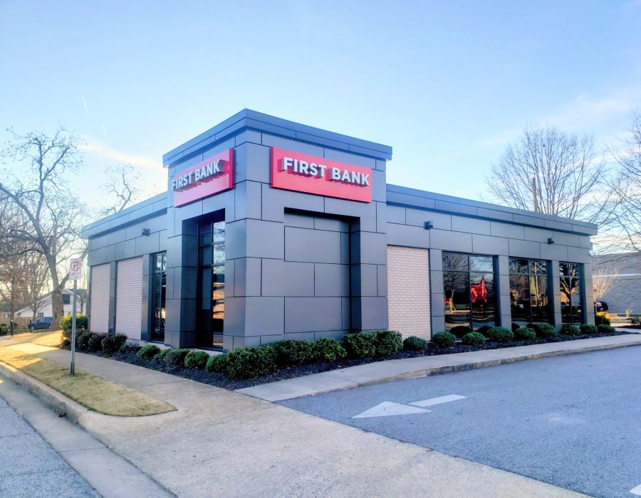 an exterior shot of First Bank's Augusta Street branch location in Greenville, SC.