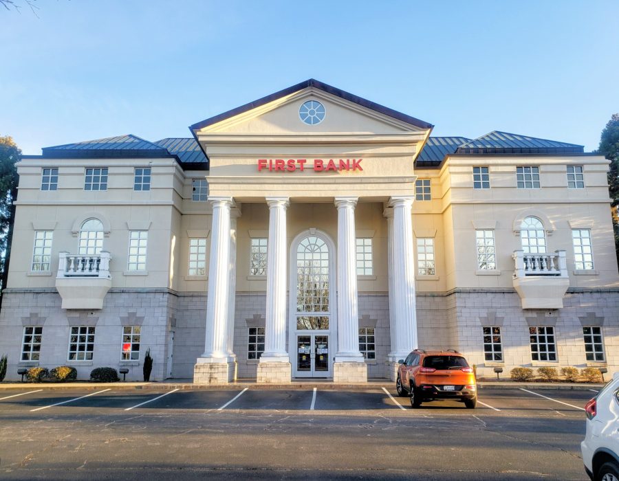 an exterior shot of First Bank's Greenville Halton Road location.