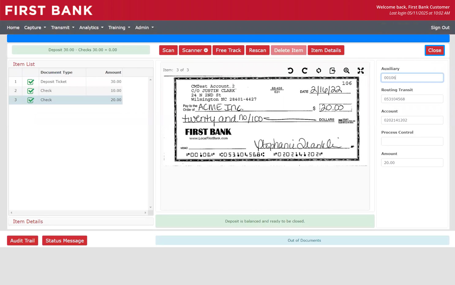 First Bank online banking screen showing where to click after scanning a check.