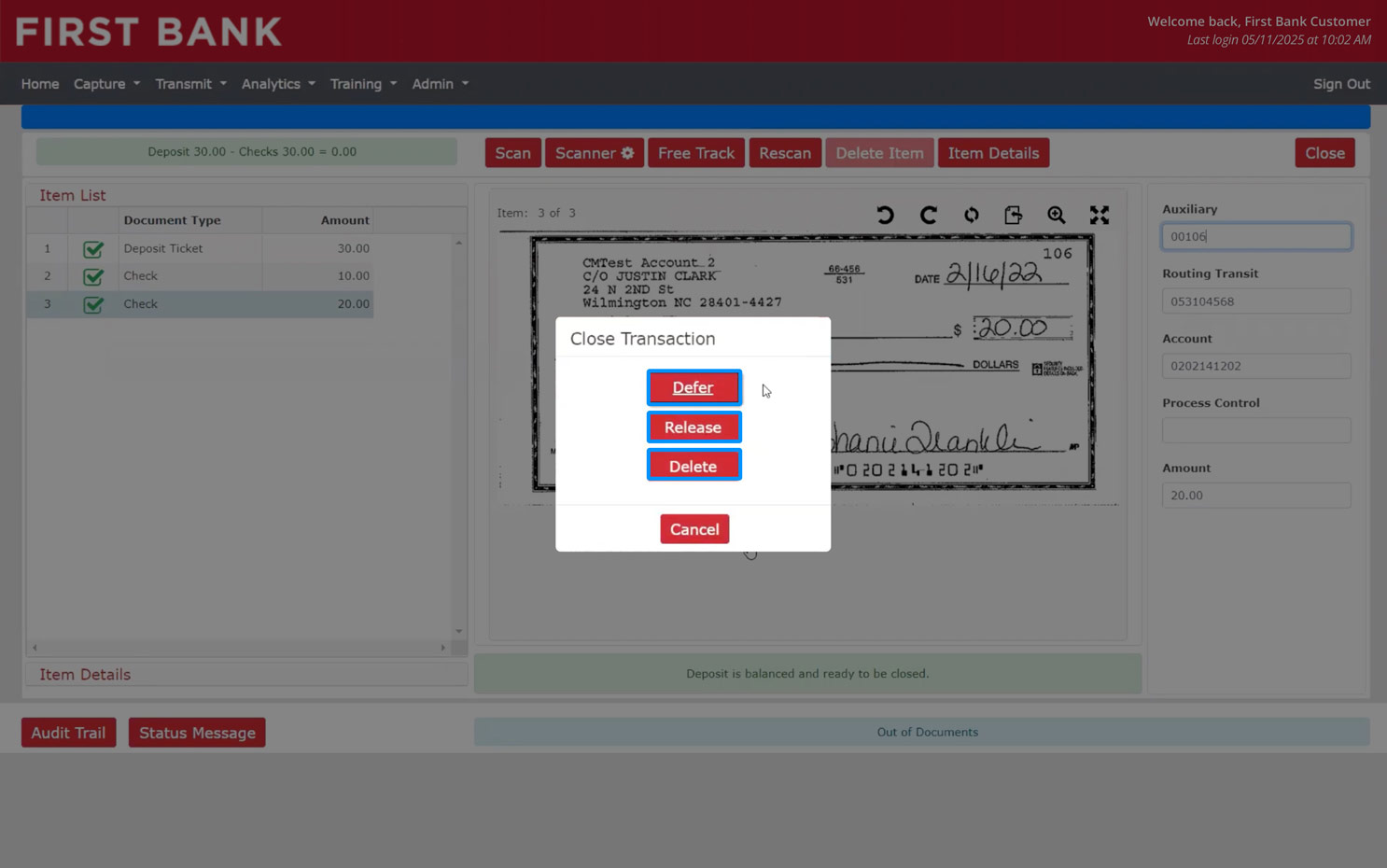 First Bank online banking screen showing options popup after closing a deposit scan.