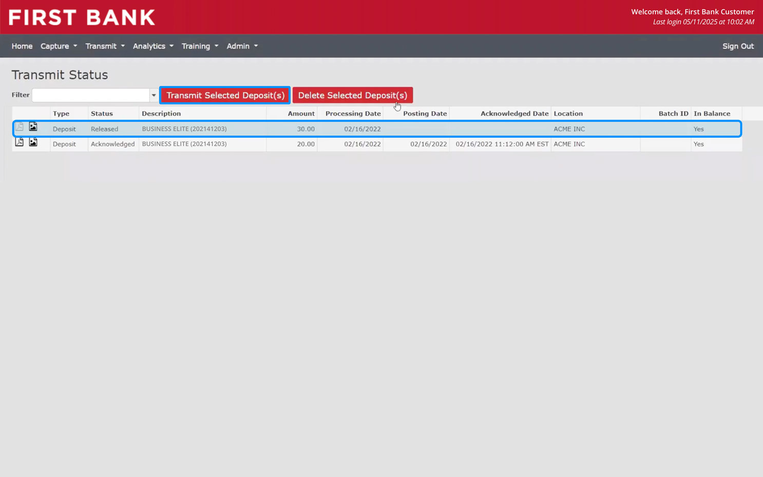 First Bank online banking screen showing Transmit Select Deposits button.