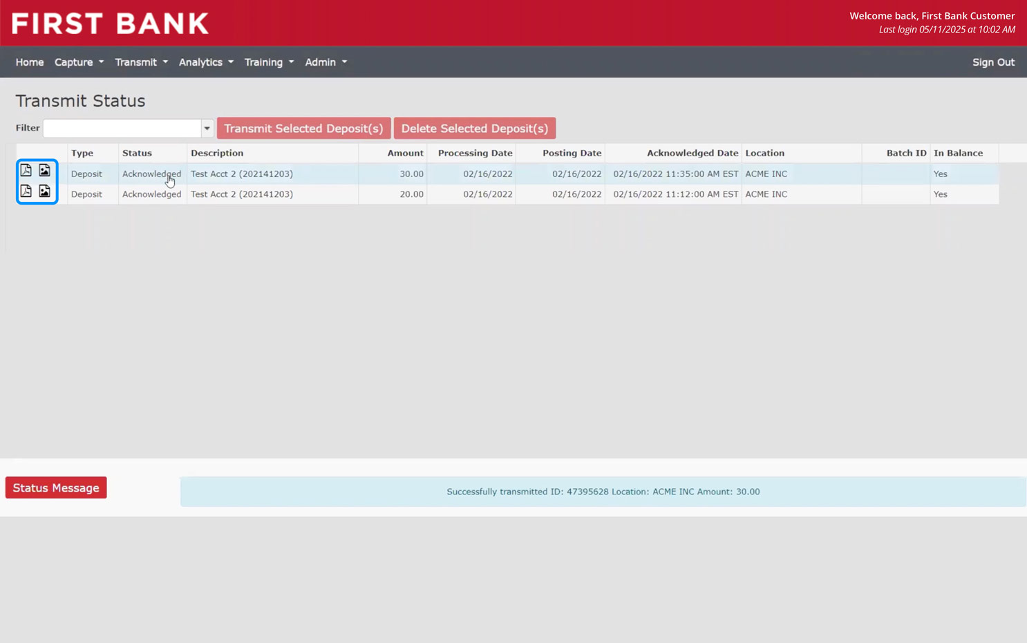 First Bank online banking screen showing the JPG / PDF preview links for deposits.