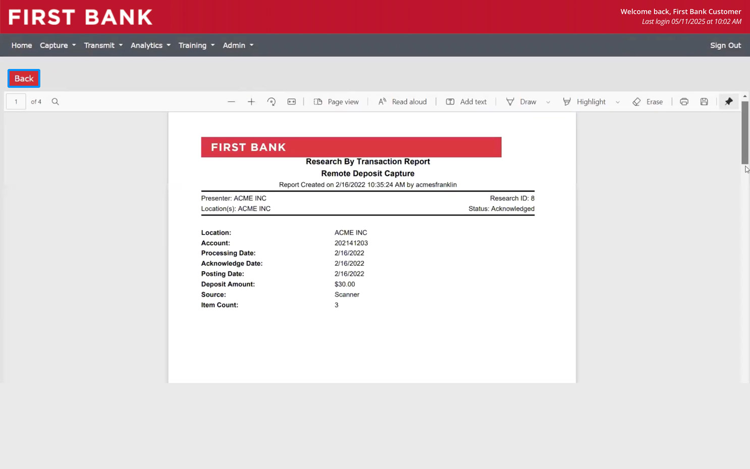 First Bank online banking screen showing specific deposit information.