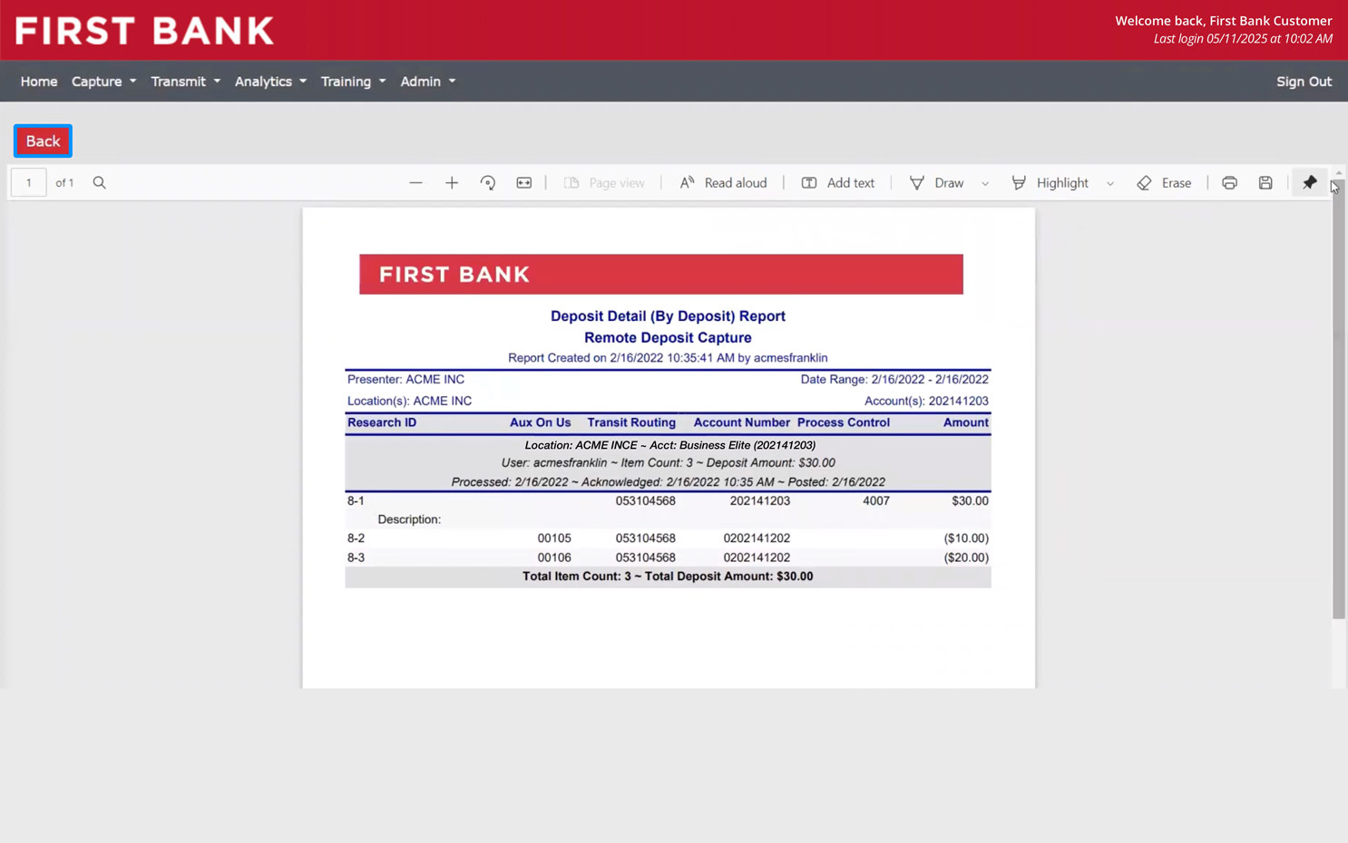 First Bank online banking screen showing deposit information.