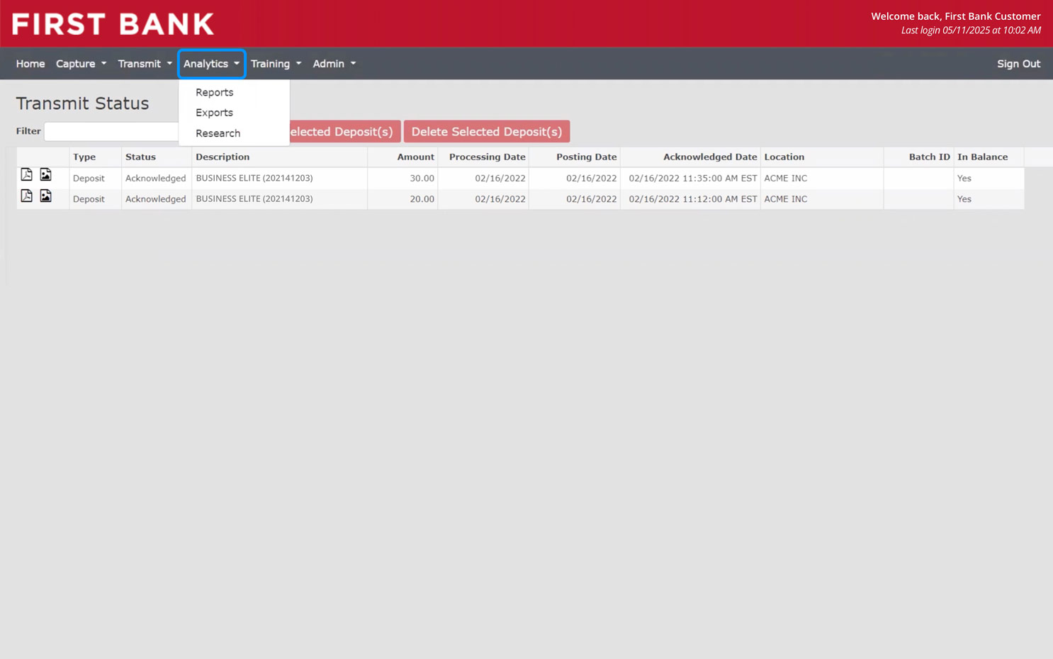 First Bank online banking screen showing Analytics dropdown.