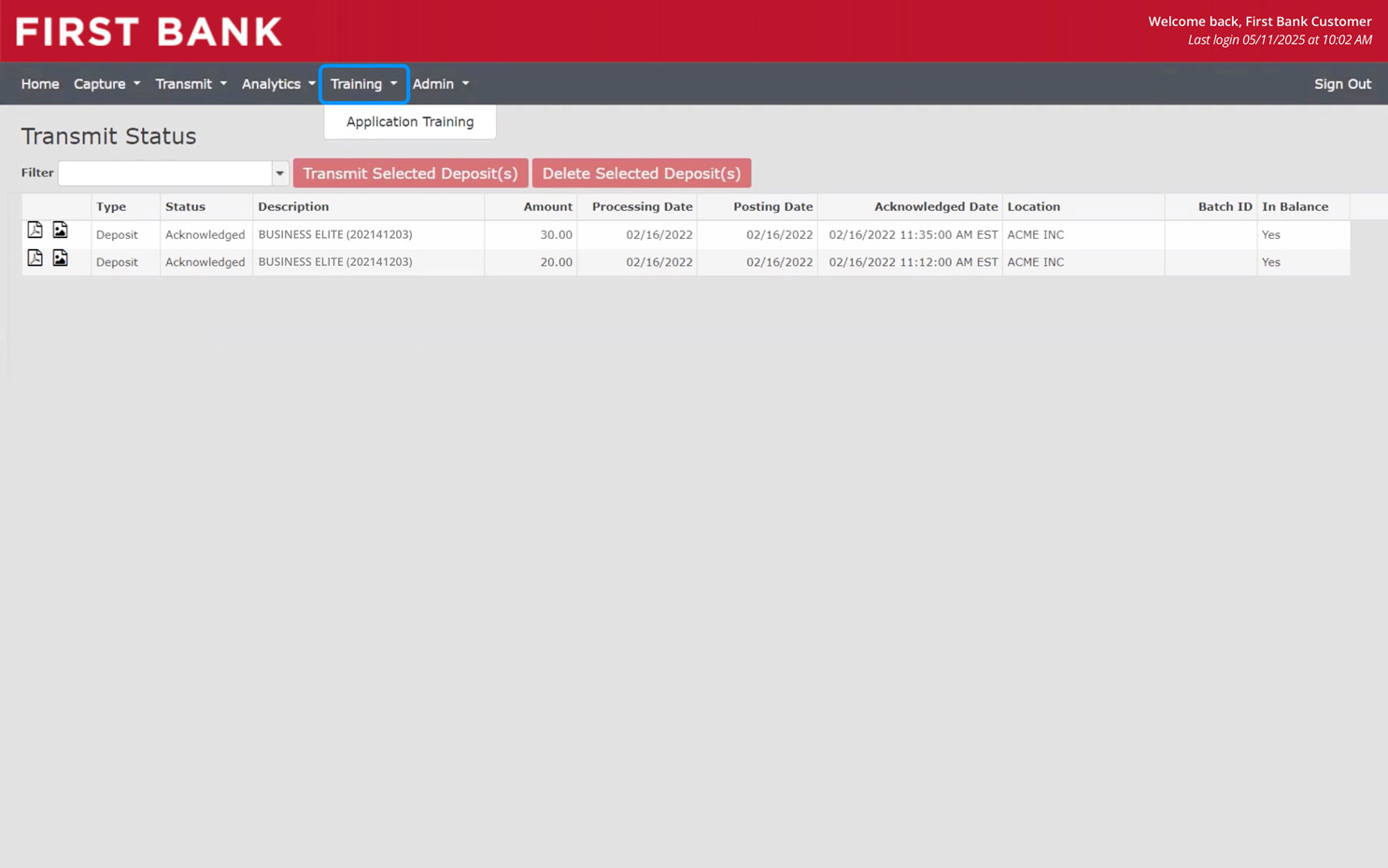 First Bank online banking screen showing Training dropdown menu.