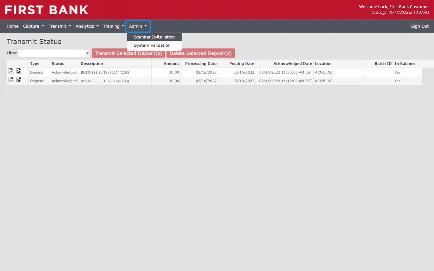 First Bank online banking screen showing Admin dropdown.