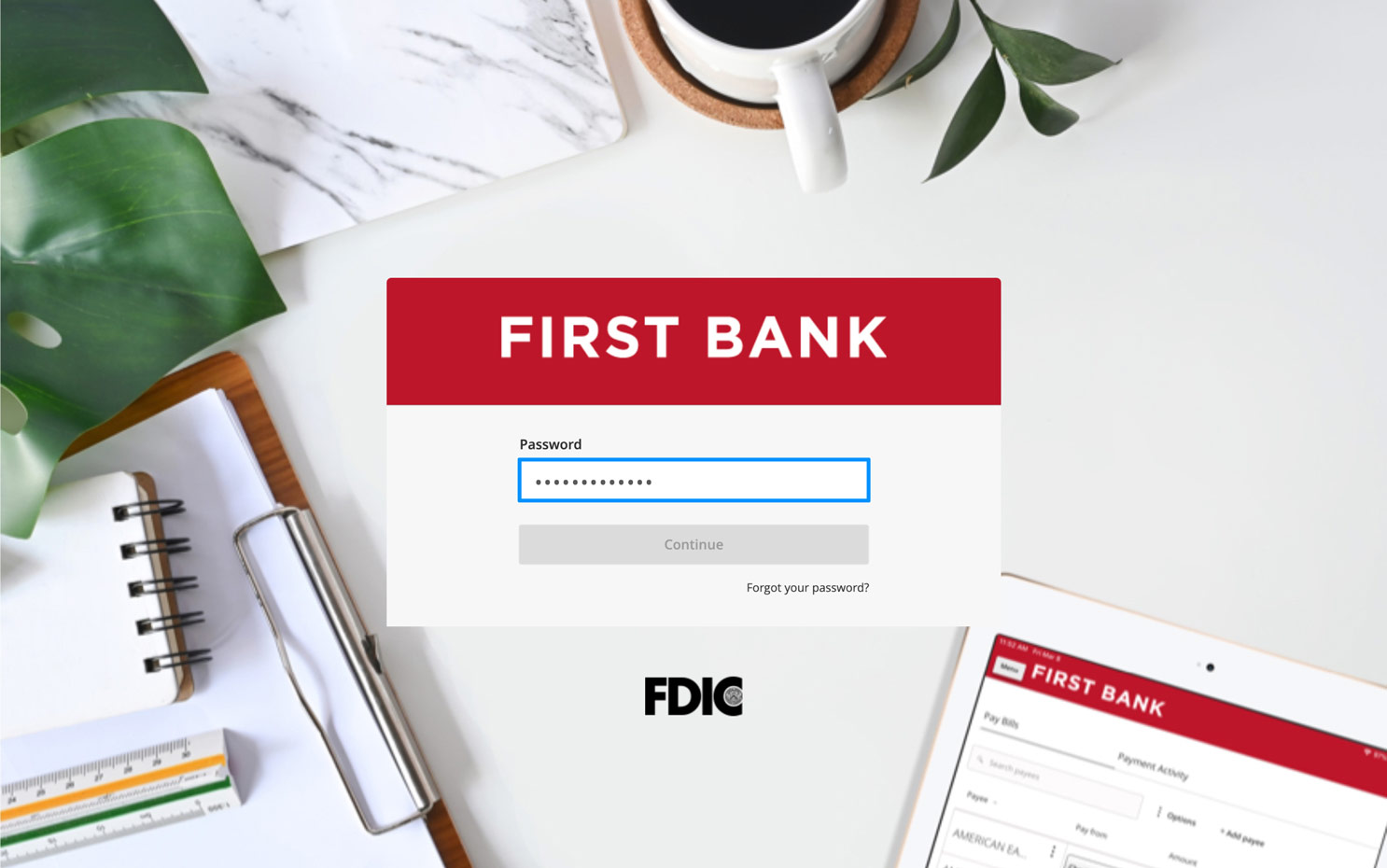 First Bank Online Banking password screen.