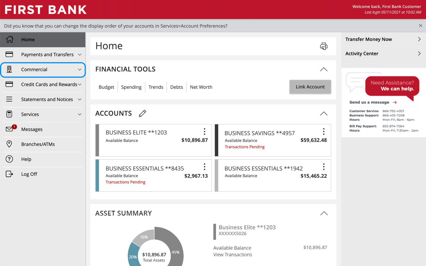 First Bank online banking screen showing Commercial nav.