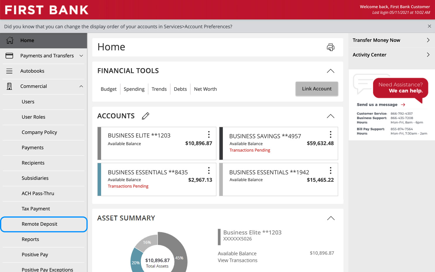 First Bank online banking screen showing Remote Deposit in the nav.