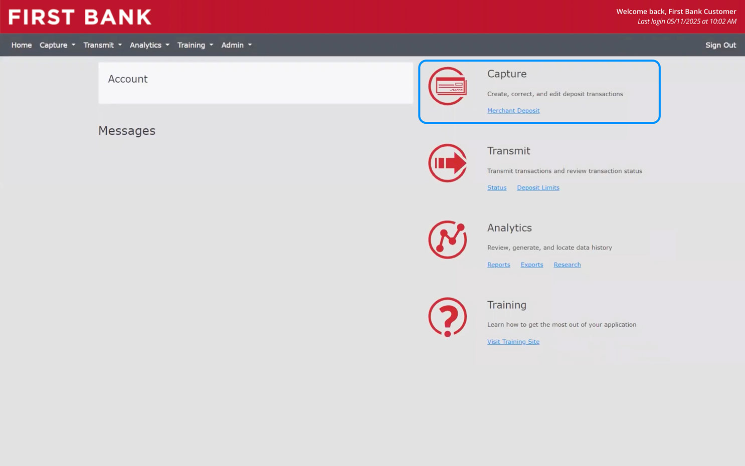 First Bank online banking screen showing the Capture item.