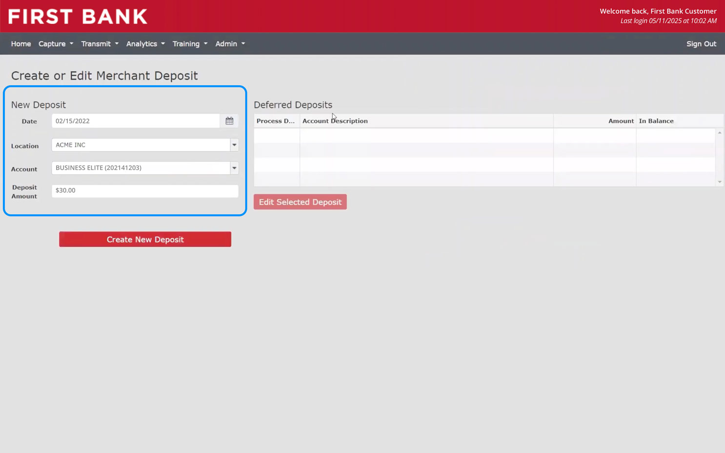 First Bank online banking screen showing where to enter new deposit information.