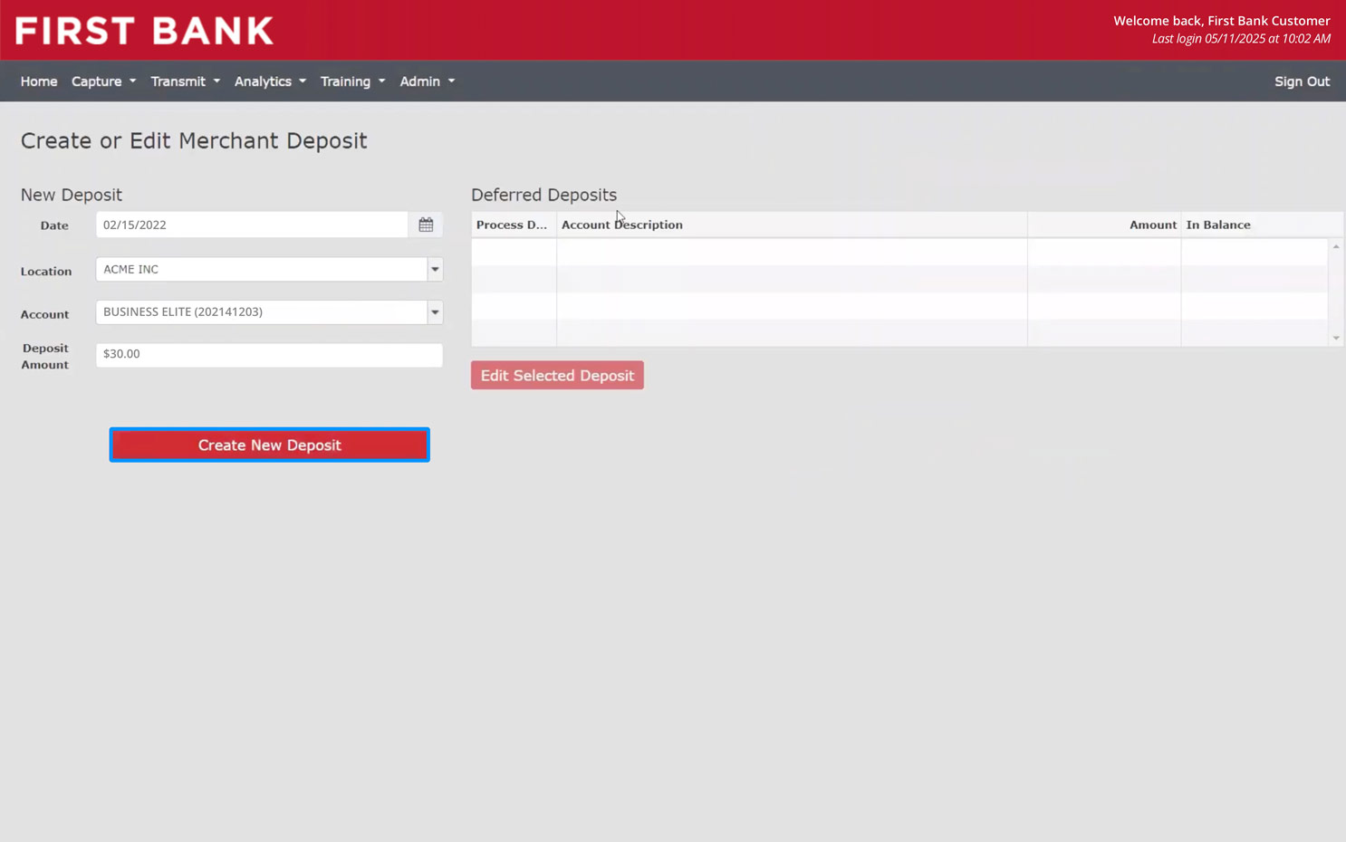 First Bank online banking screen showing where to click to create a new deposit.