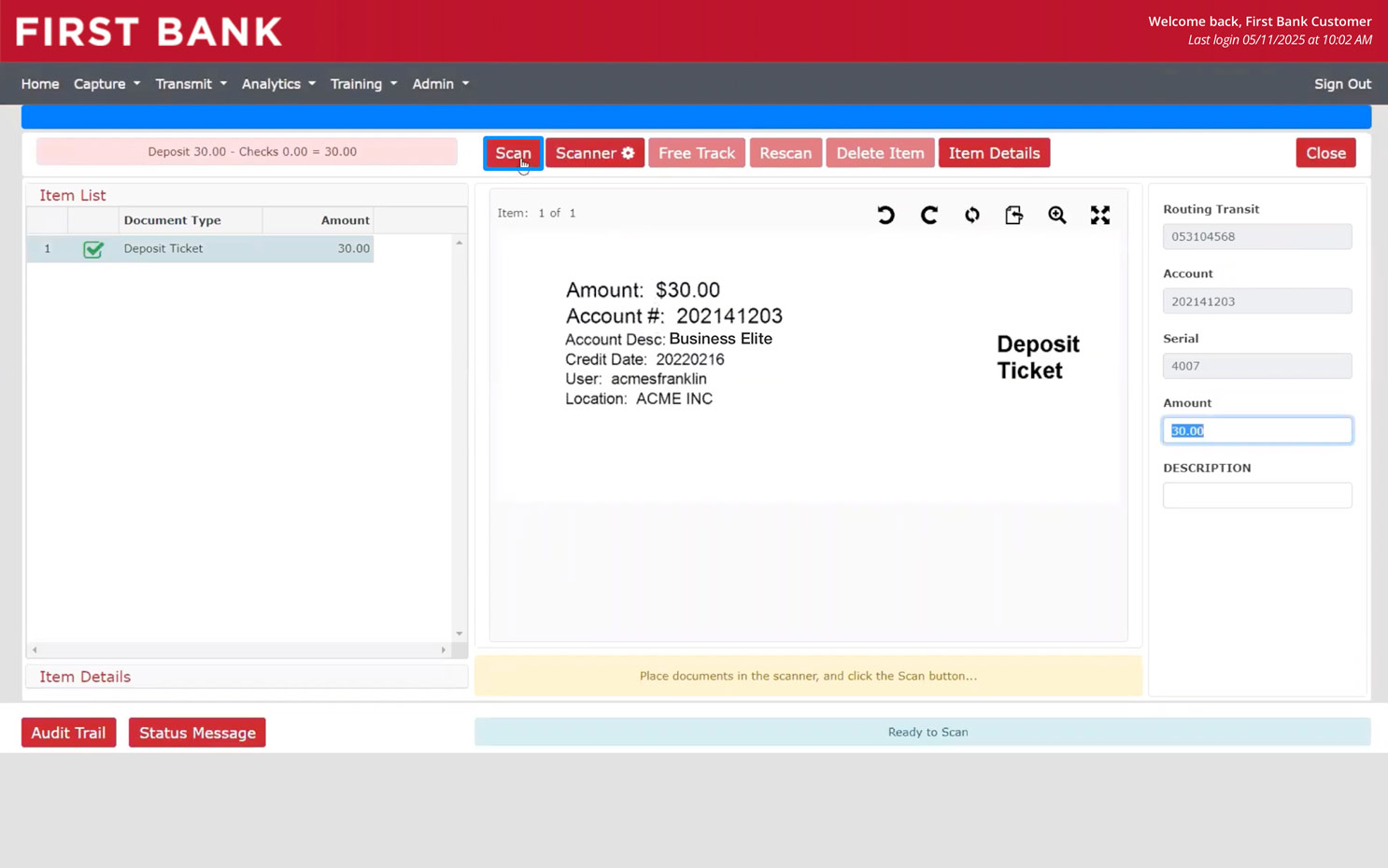 First Bank online banking screen showing the initial scan screen.