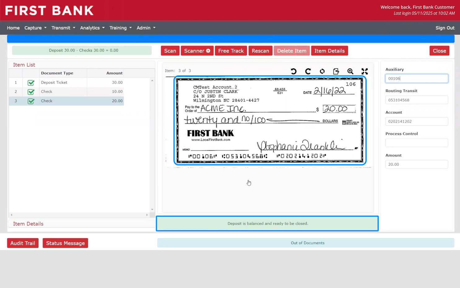 First Bank online banking screen showing a scanned check.