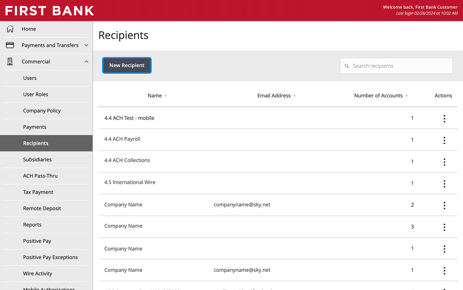 Online Banking Screen showing Recipients list.