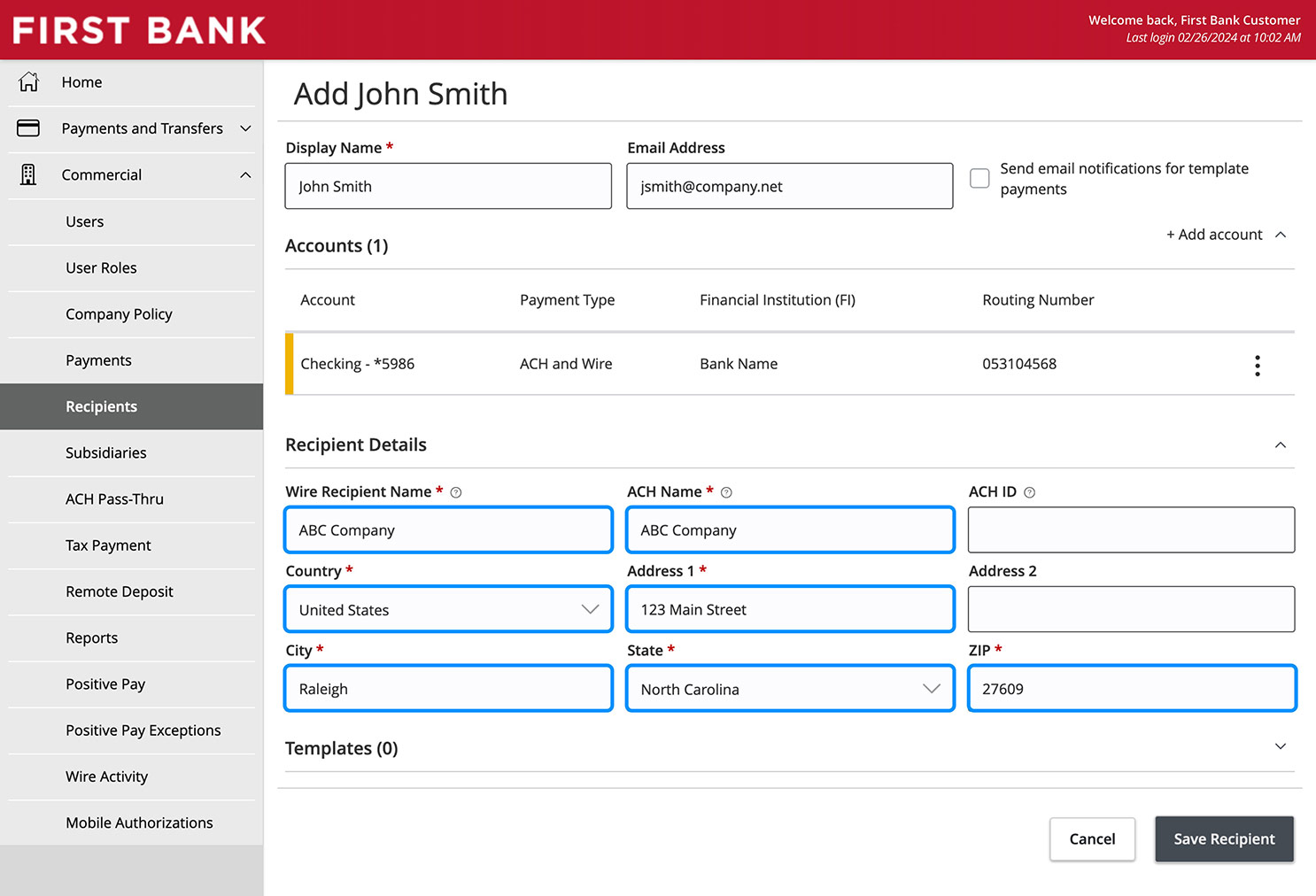 Online Banking Screen showing the recipient detail fields.