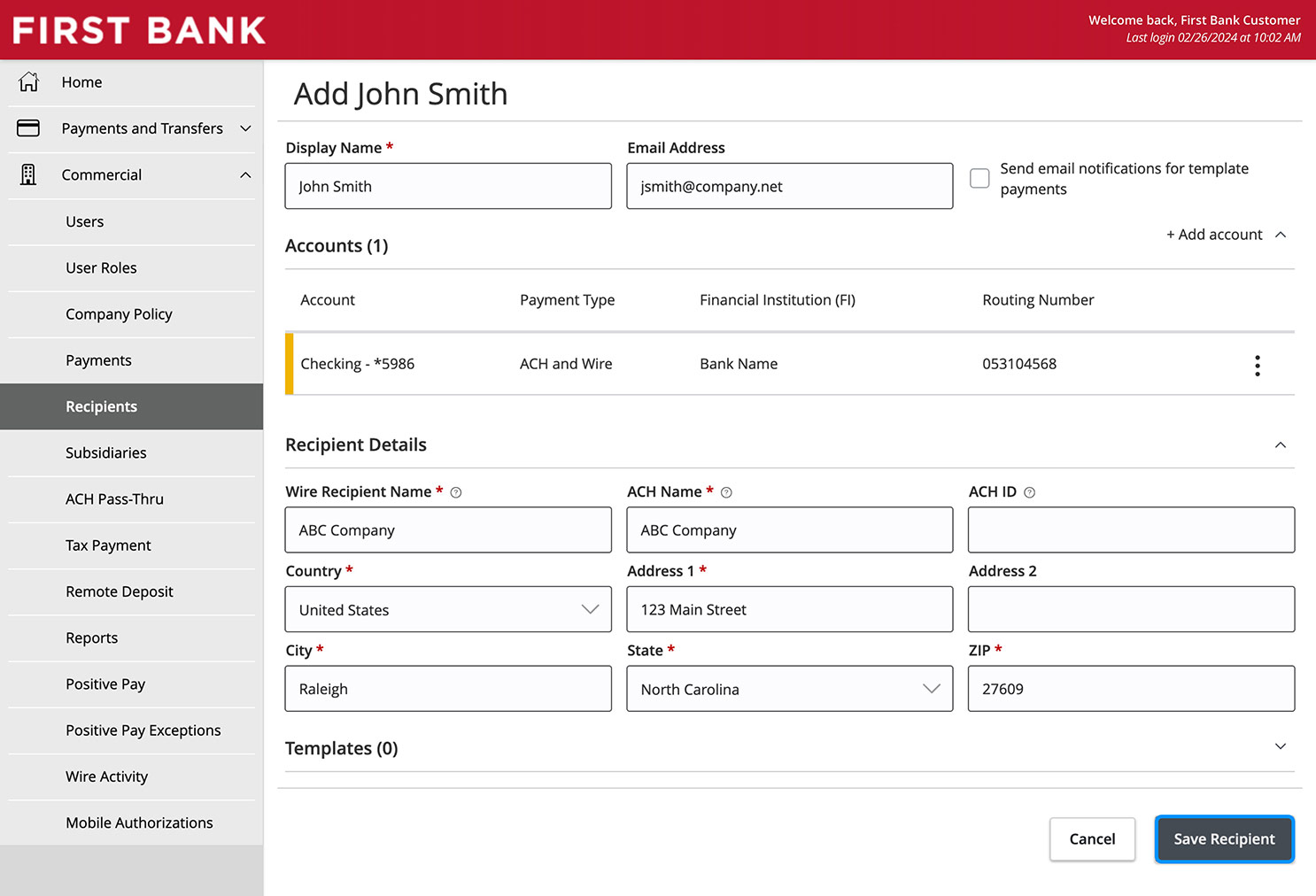 Online Banking Screen showing the Save Recipient button.
