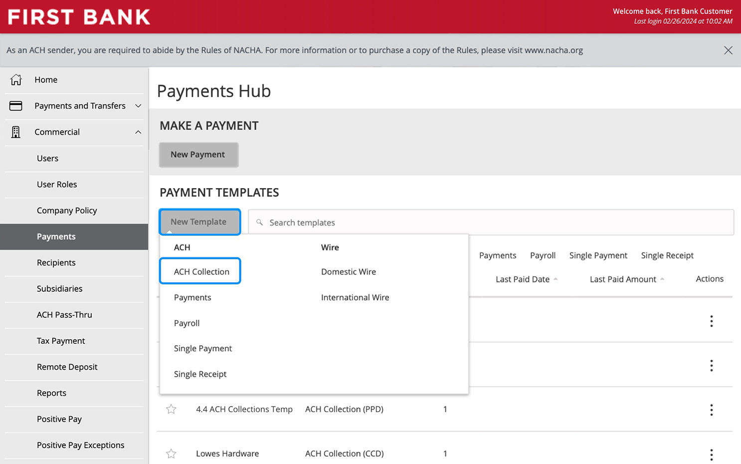 Online Banking screen showing the ACH Collection option.