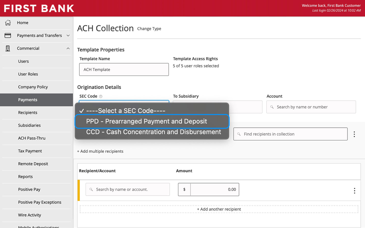 Online Banking screen showing the SEC Code dropdown options.