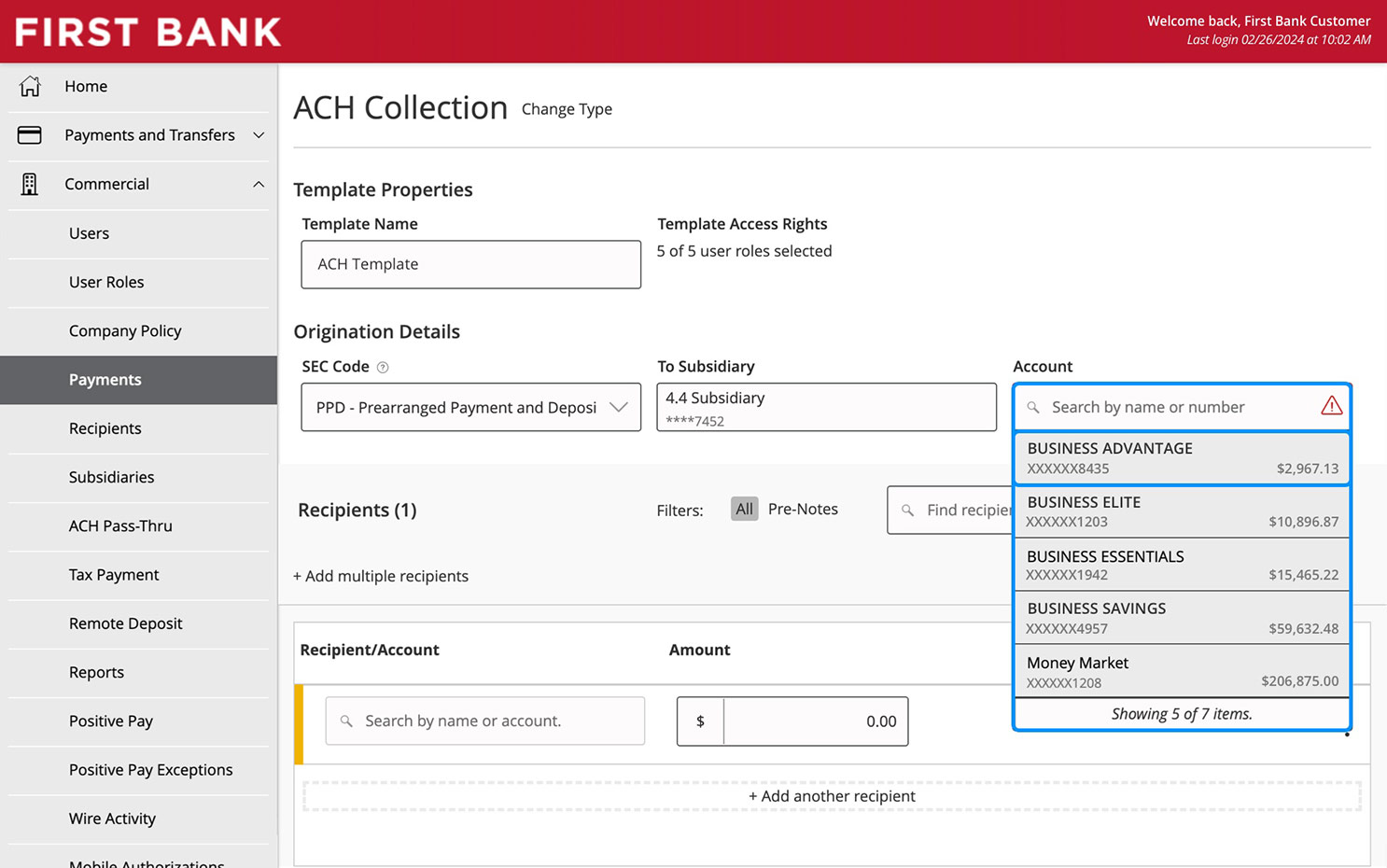 Online Banking screen showing the Account dropdown and search fields.