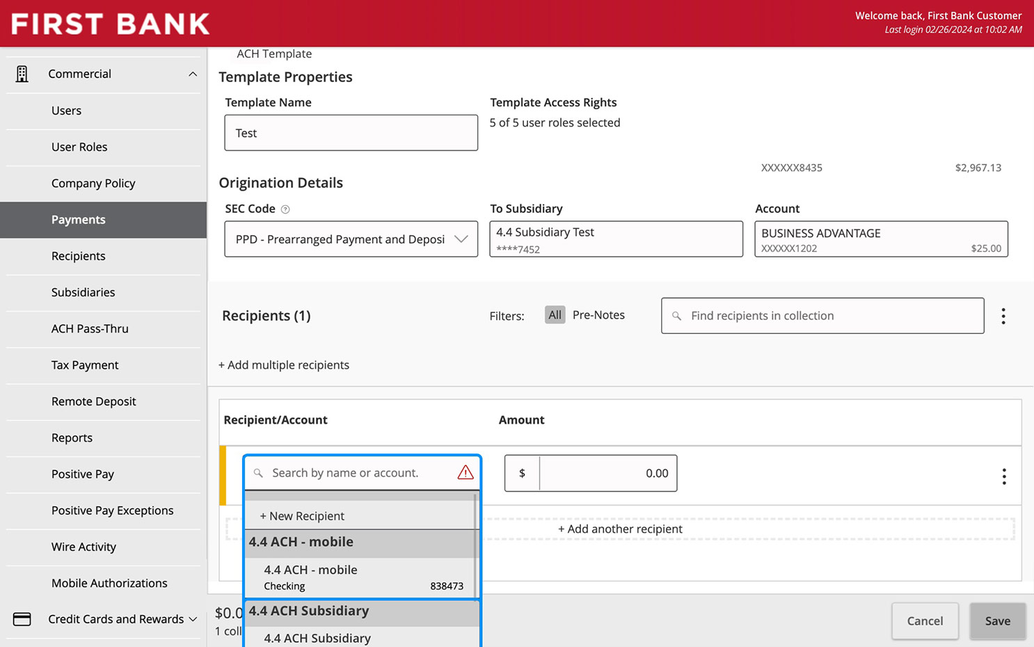 Online Banking screen showing the Recipient/Account dropdown and search fields.