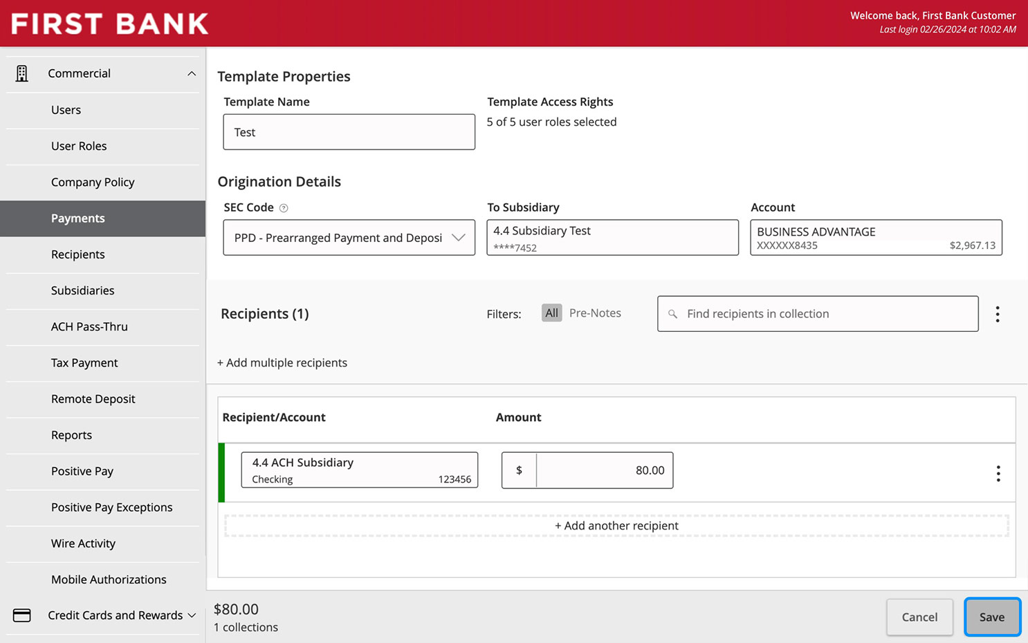 Online Banking screen highlighting the Save button.