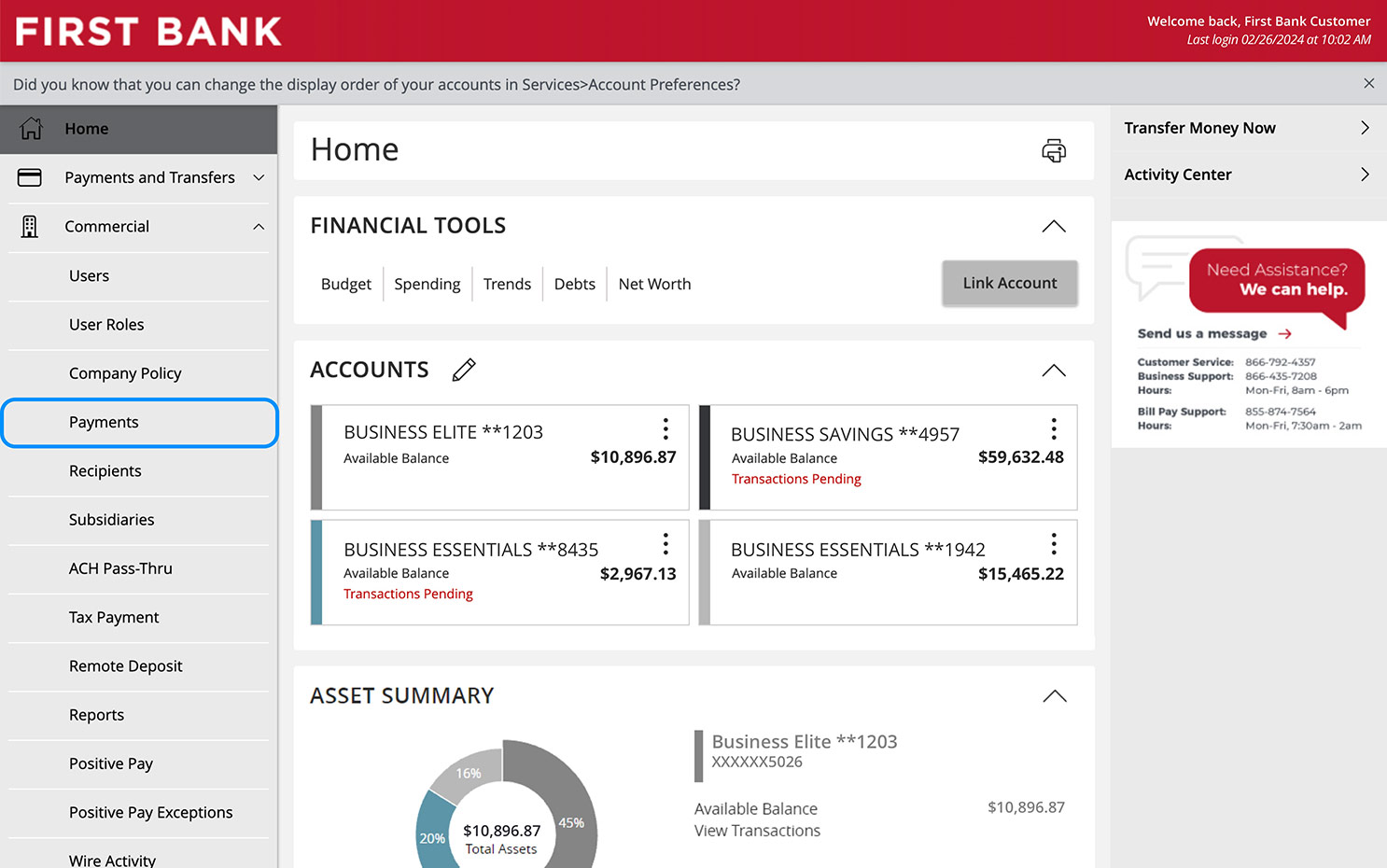 Online Banking screen showing where the Payments option is located in the nav.