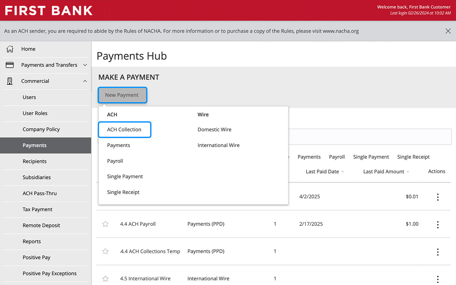 Online Banking screen showing the payment type options.