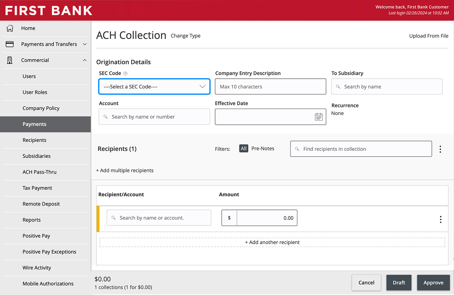 Online Banking screen highlighting the SEC Code field.