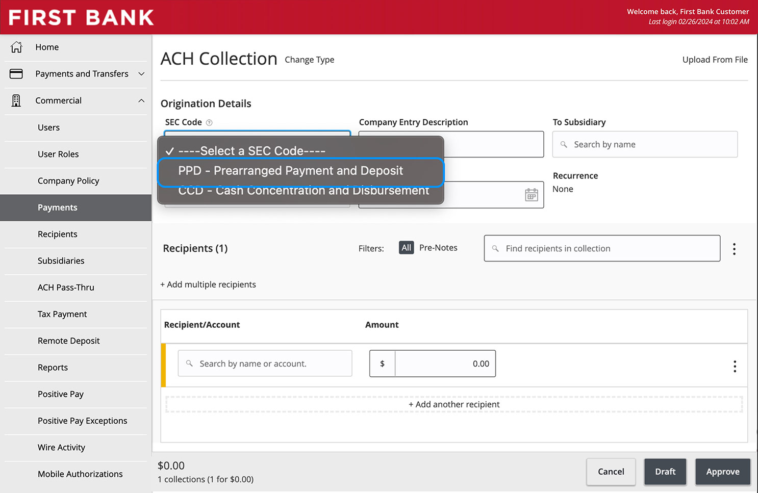 Online Banking screen showing the SEC Code dropdown options.