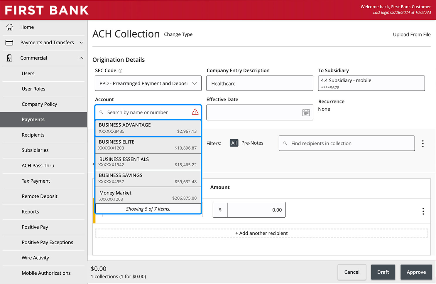 Online Banking screen showing the Account dropdown and search fields.