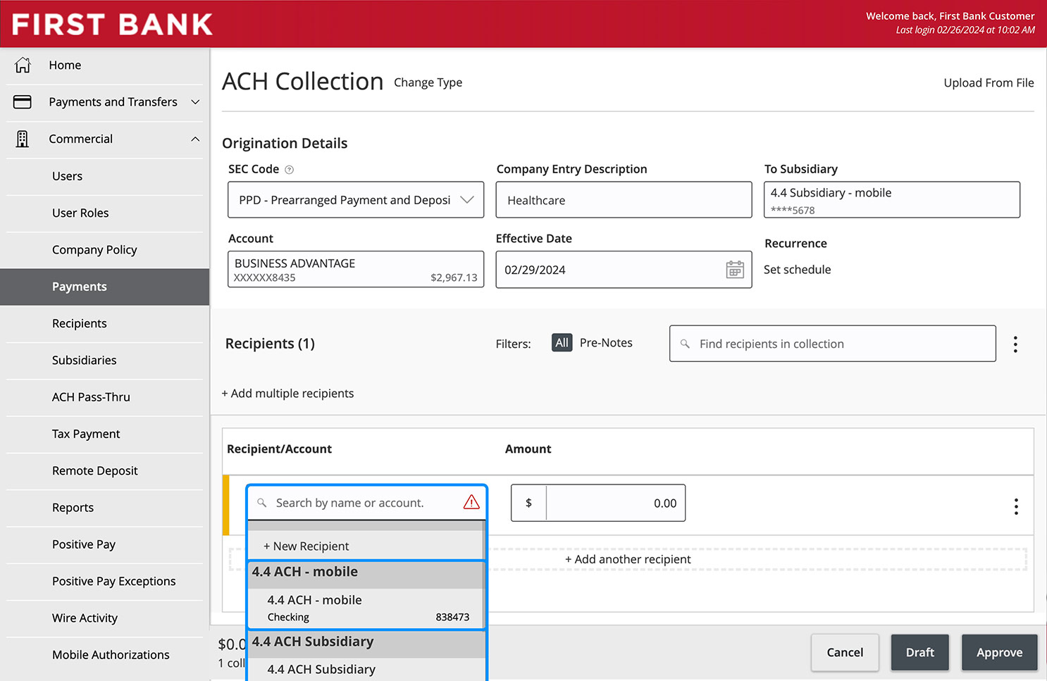 Online Banking screen showing the Recipients/Accounts dropdown and search fields.