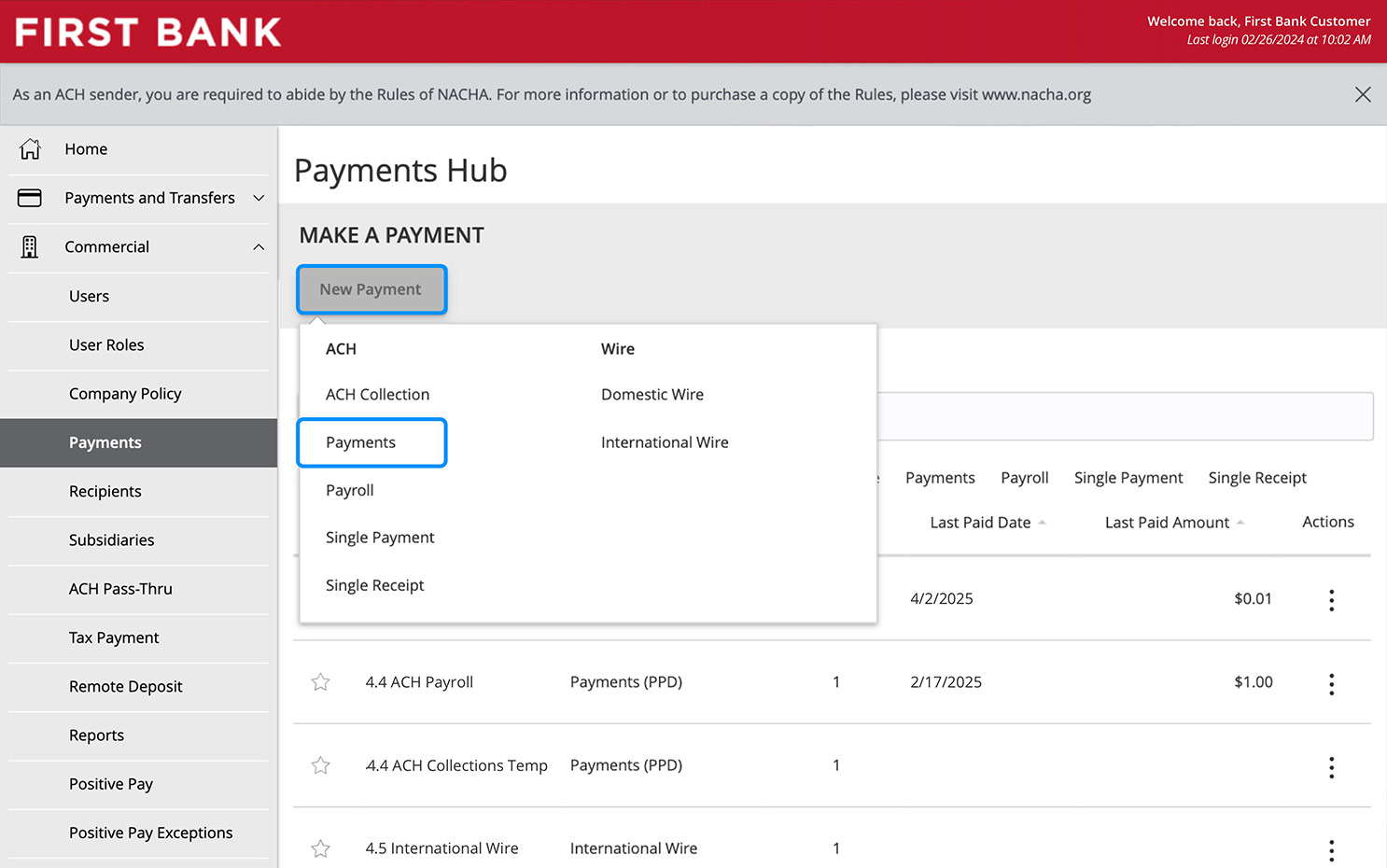 Online Banking screen showing the New Payment dropdown options.