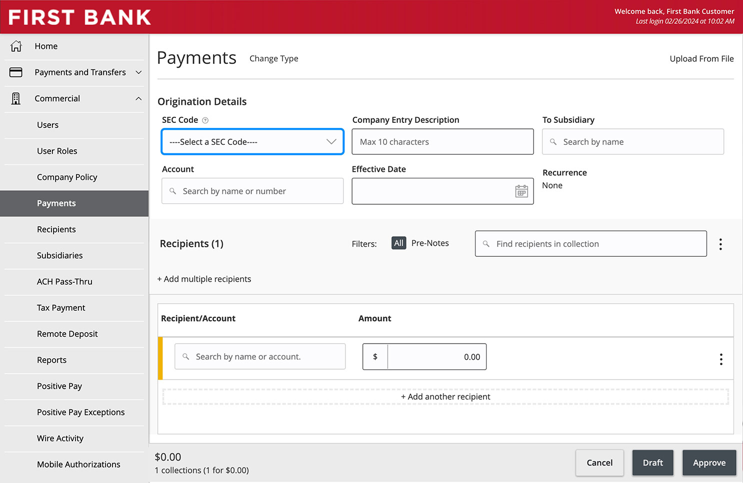 Online Banking screen highlighting the SEC Code field.