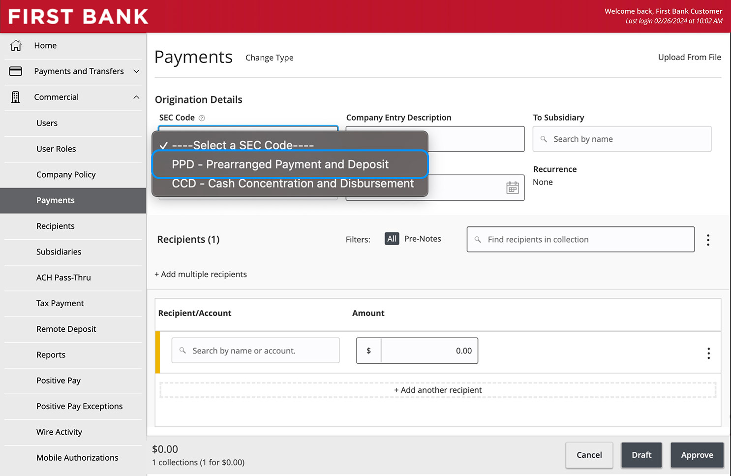 Online Banking screen showing the SEC Code dropdown.