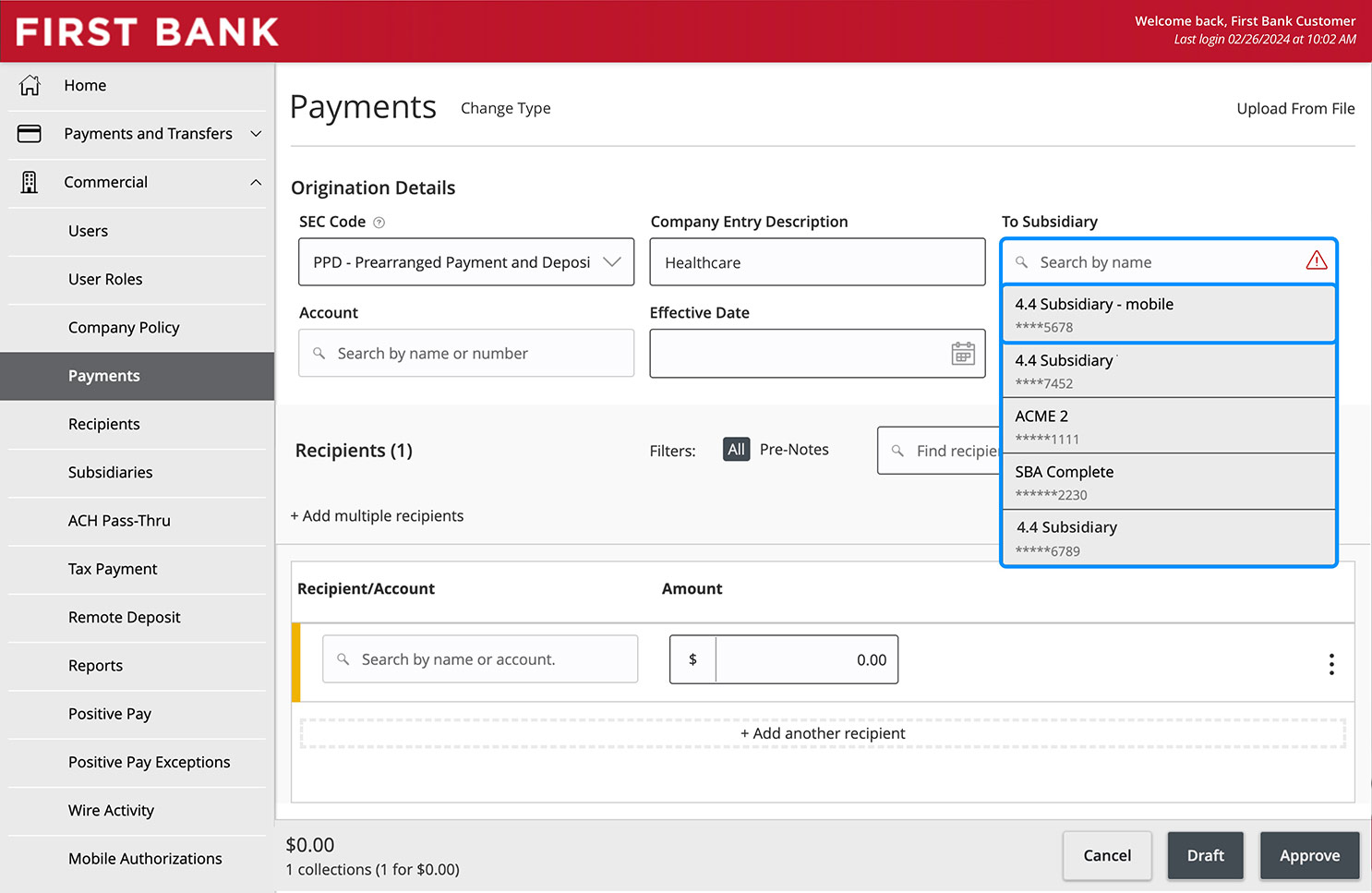 Online Banking screen highlighting the Subsidiary search field and dropdown.